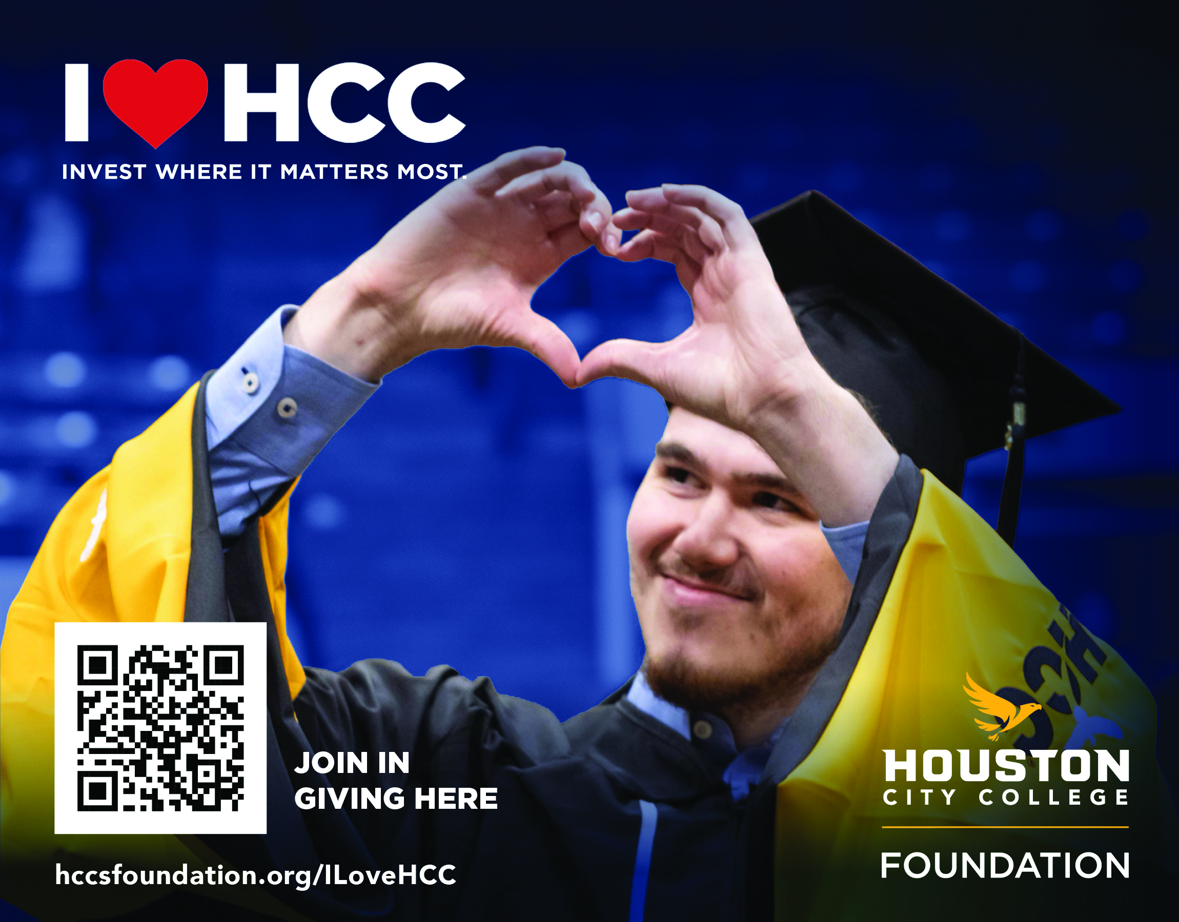 Graduate forms a heart with his hands during an HCC commencement ceremony.